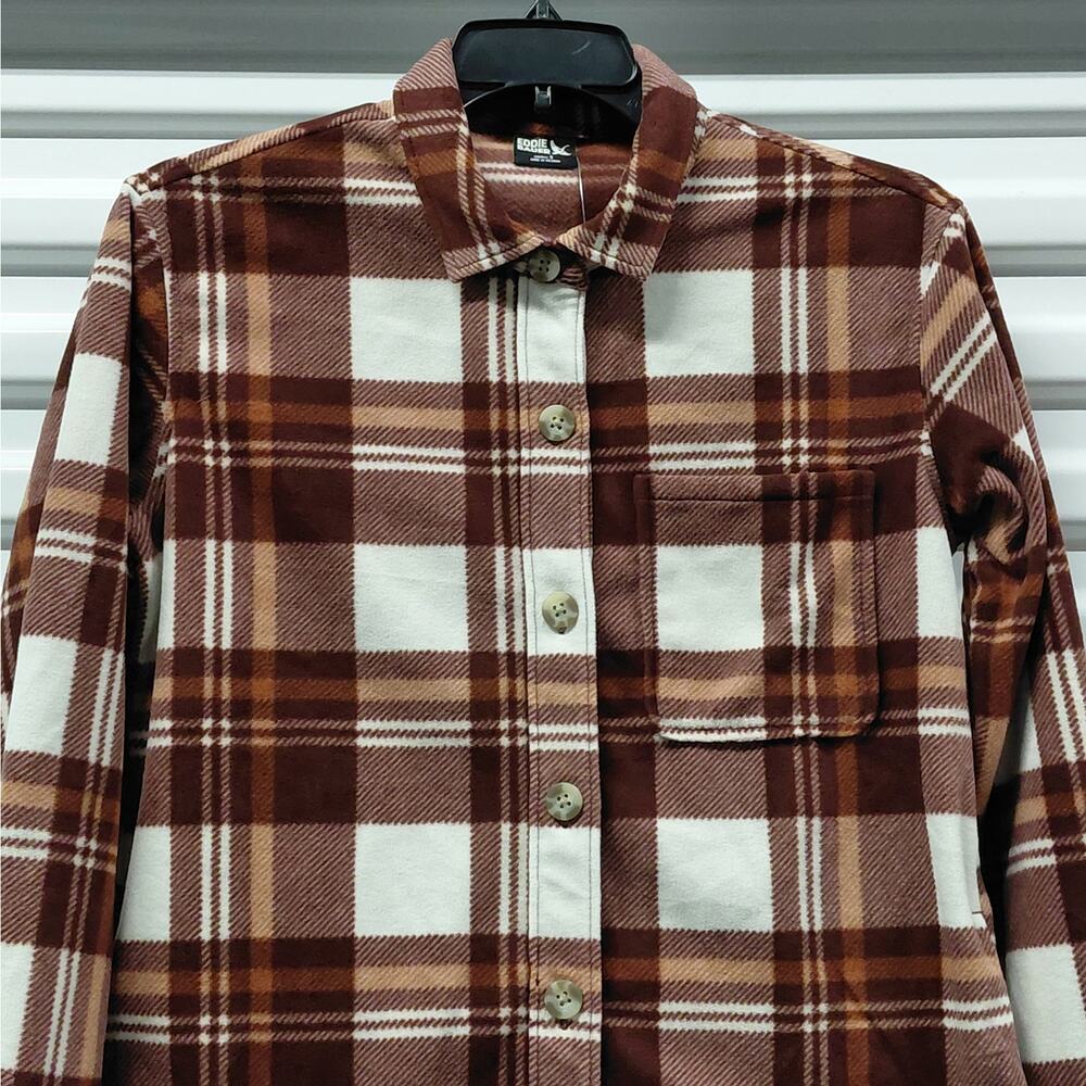 Eddie Bauer Womens Plaid Flannel Shirt Size Small Brown Shacket Cozy Gorpcore - Picture 6 of 14